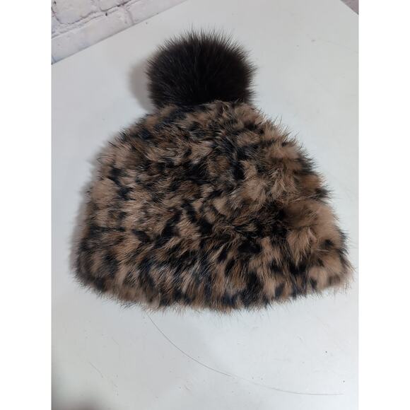 Marcus Adler New York Genuine Rabbit Fur Cheetah Print With Fox Pom Hat - Picture 7 of 12